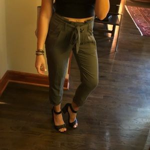 Army green tie-front pants